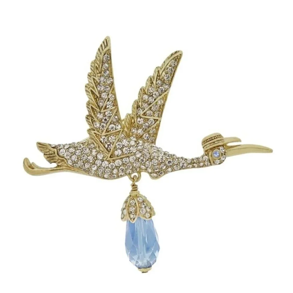 Heidi Daus Special Delivery Crystal Stork Brooch Gold Tone Blue